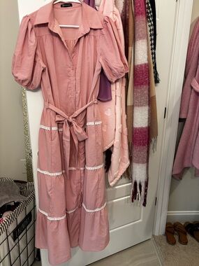 Women's Midi Tie-Waist Puff Sleeve Dress - pink